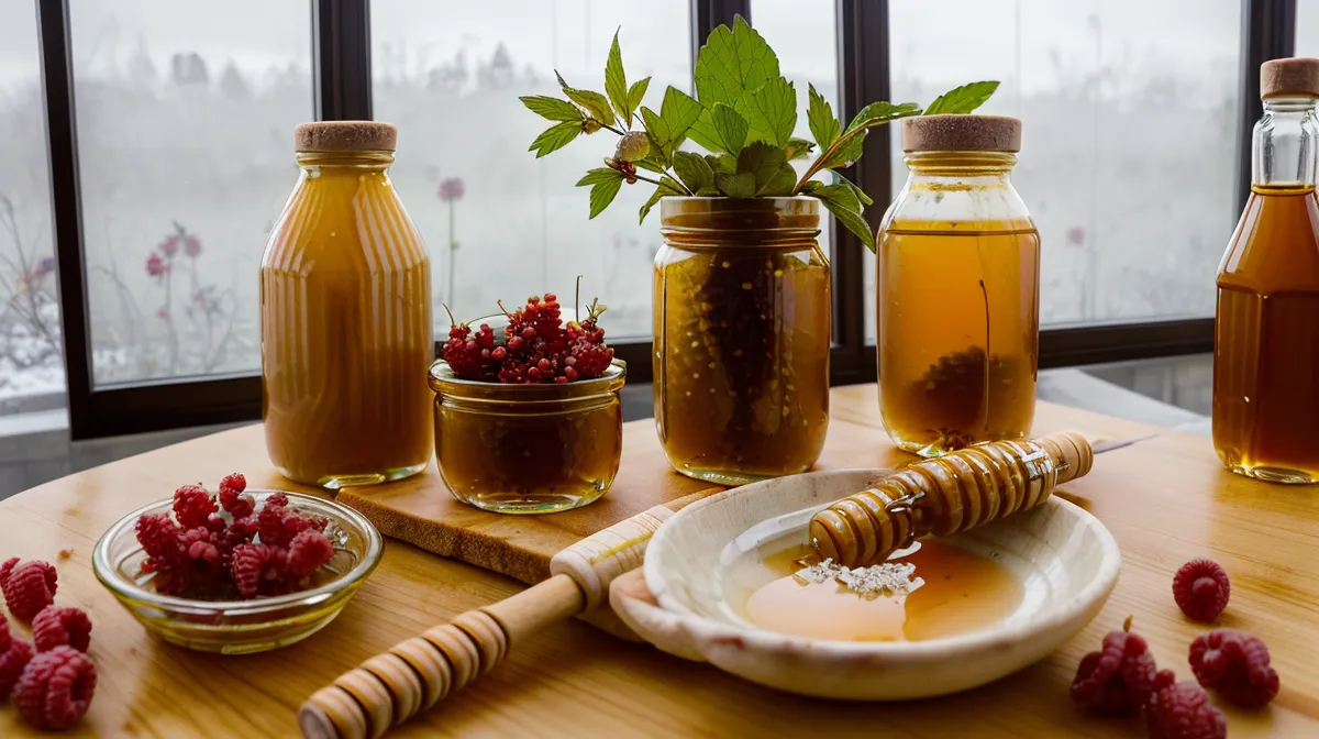 Honey and maple syrup jars next to a glucose meter, showing how natural sweeteners affect blood sugar on a low-GI diet