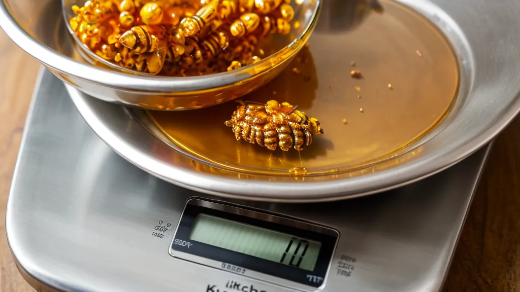 A kitchen scale weighing honey next to a notepad listing Glycemic Index numbers for natural sweeteners