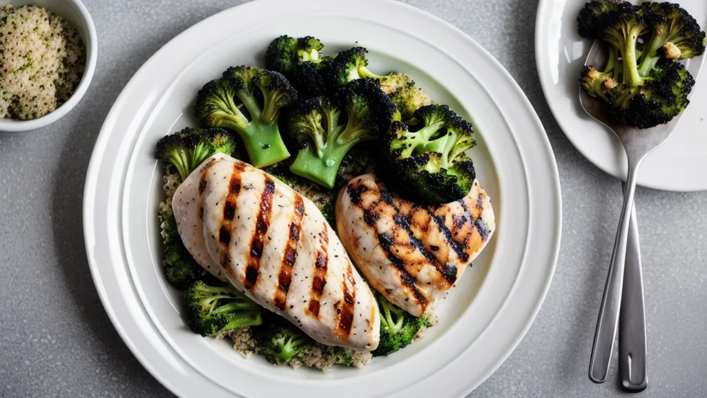 A balanced plate of broccoli, grilled chicken, and quinoa arranged for low-GI food sequencing to manage a prediabetes glucose response