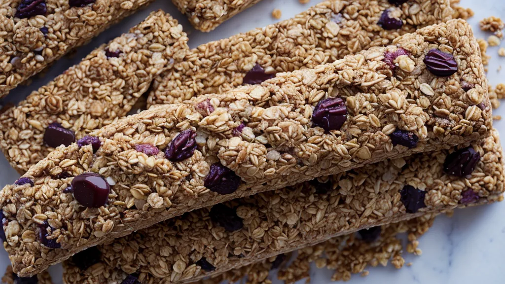 Close-up of a granola bar nutrition label in a corporate office breakroom, illustrating low glycemic index label reading for blood sugar management.