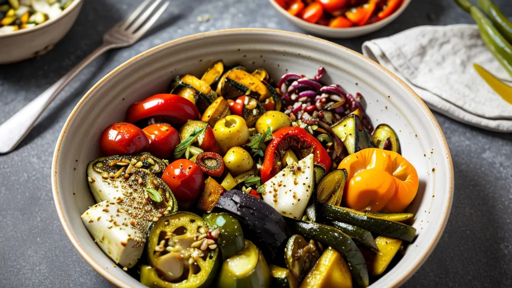 A plate of warm roasted vegetables, a low-glycemic-index swap for raw salads in a prediabetes-friendly office wellness routine.