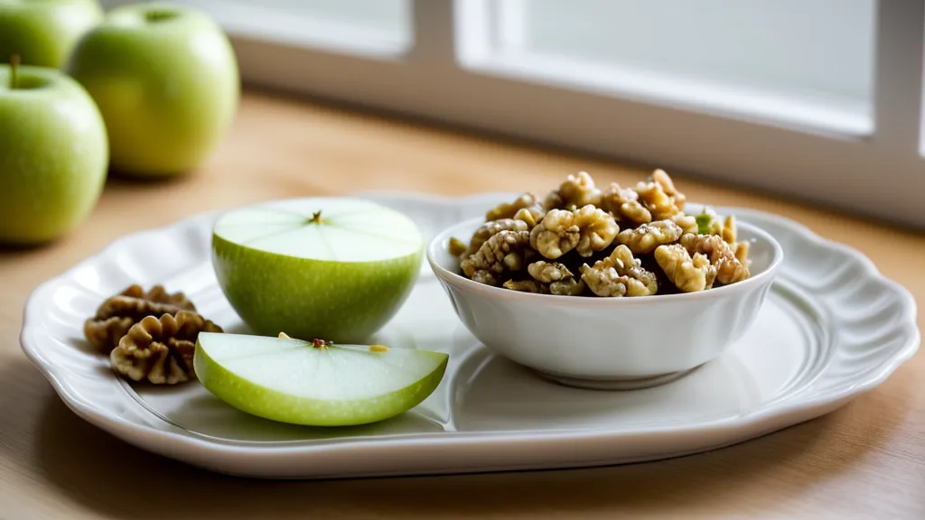 A low-glycemic-index office snack of apple slices, walnuts, and sharp cheddar cheese for steady blood sugar at work.