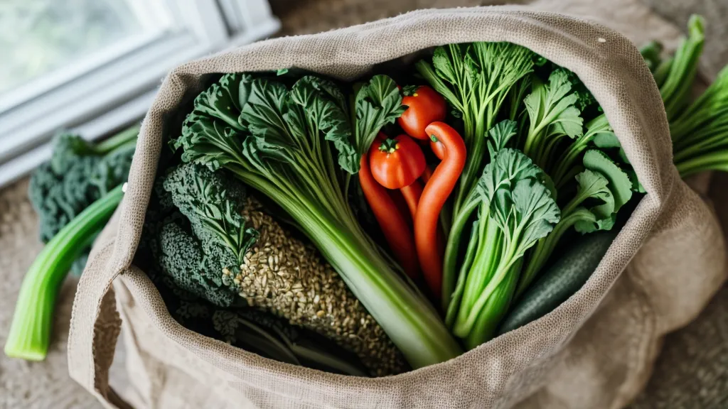 Grocery bag of low-GI vegetables next to a Gluco6 supplement bottle after a Trader Joe's trip