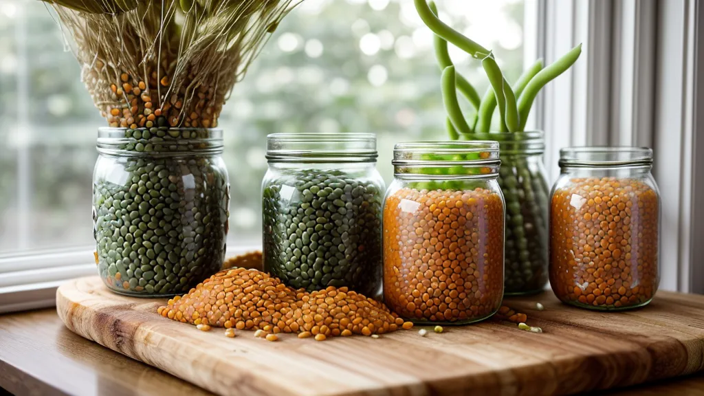 Mason jars of lentils and barley, low glycemic index pantry staples for a prediabetes kitchen lab