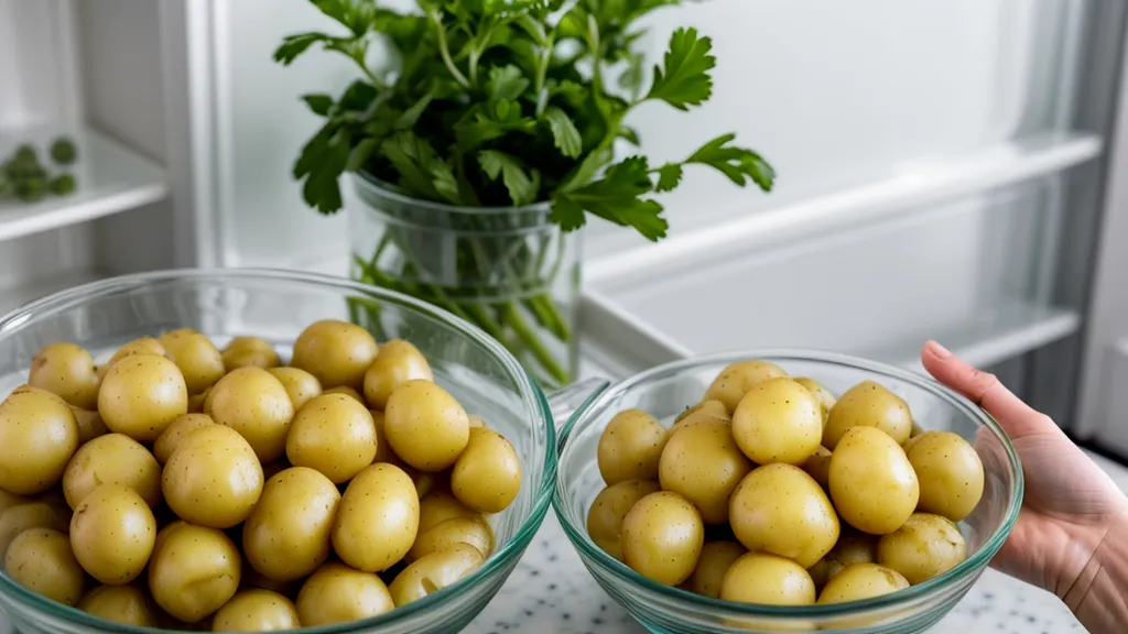 Hand reaching for a bowl of cold potatoes, the resistant starch trick for lowering glycemic load