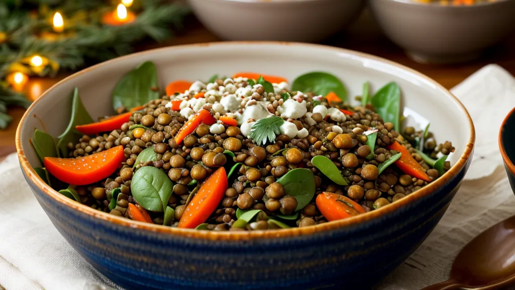 Warm lentil salad with roasted root vegetables served as a low-GI holiday side dish for prediabetes management