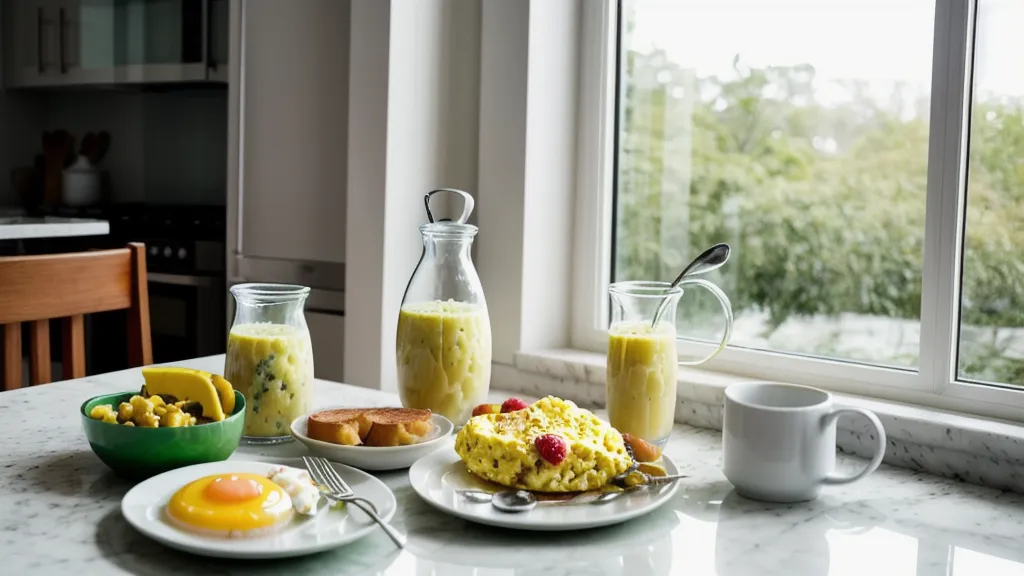 Morning blood sugar support routine with supplement drops and a protein-heavy low-GI breakfast