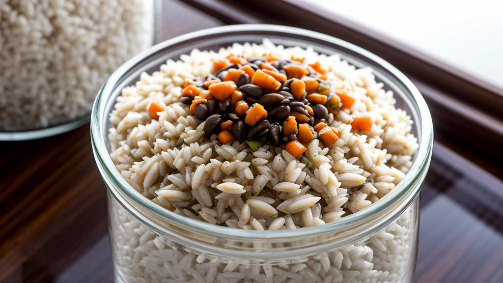 Cooked rice cooling in the refrigerator before being reheated as part of a low-glycemic bread and starch routine