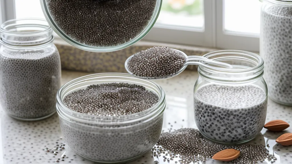 Savory chia seed pudding with almond milk, an egg-free low-glycemic breakfast option
