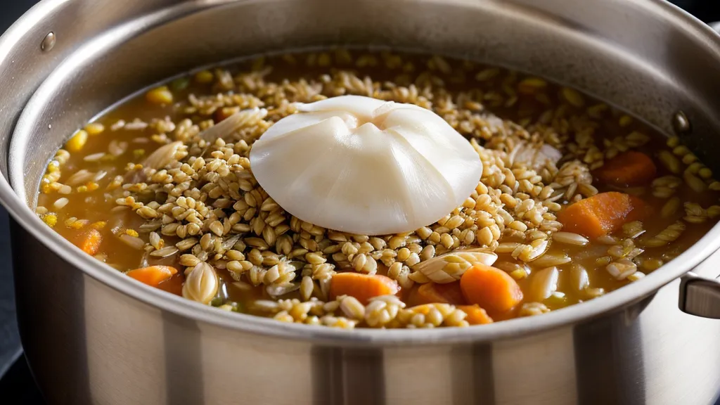 Pearled barley simmering in a covered pot, a low-glycemic cooking method for steadier blood sugar