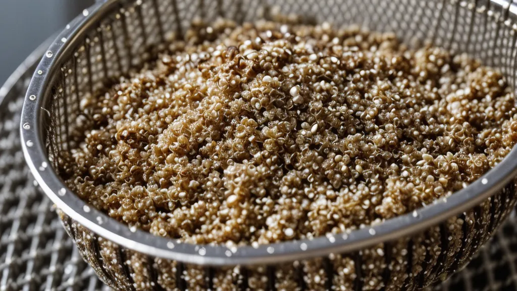 Rinsing dry quinoa in a fine mesh strainer, the first step for low glycemic quinoa cooking.