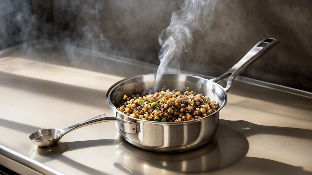 Toasting rinsed quinoa in a dry stainless steel pan, a key step in low glycemic quinoa cooking.