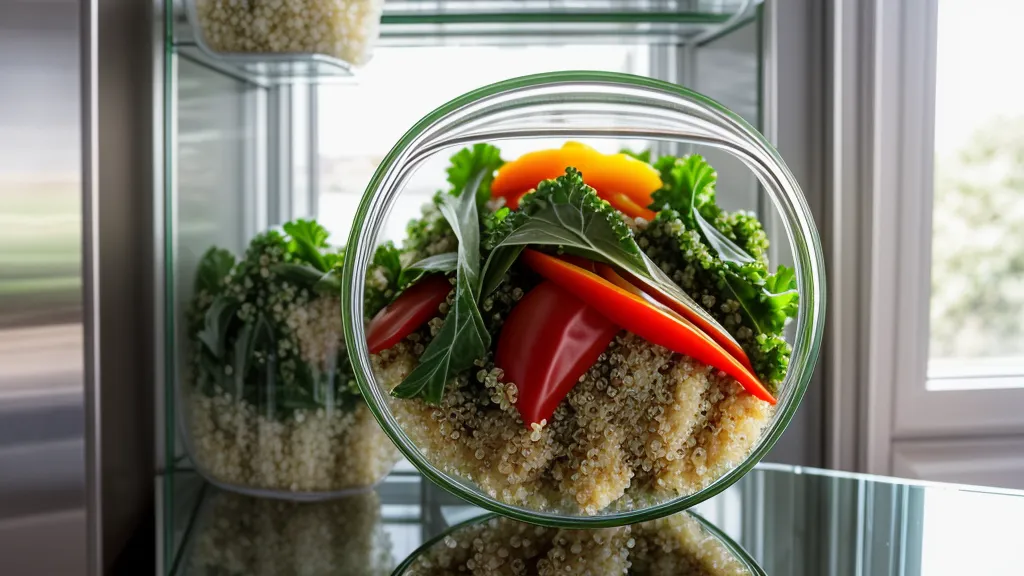 Cooked quinoa chilling overnight in a glass container in the fridge for better metabolic health.