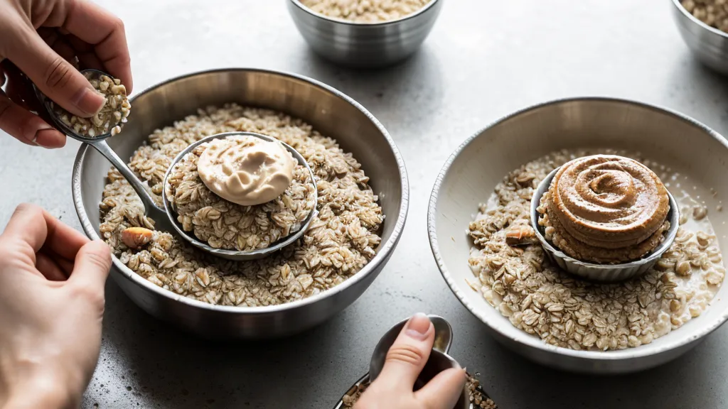 Spooning almond butter onto steel-cut oats to pair protein and fat with a low-glycemic breakfast