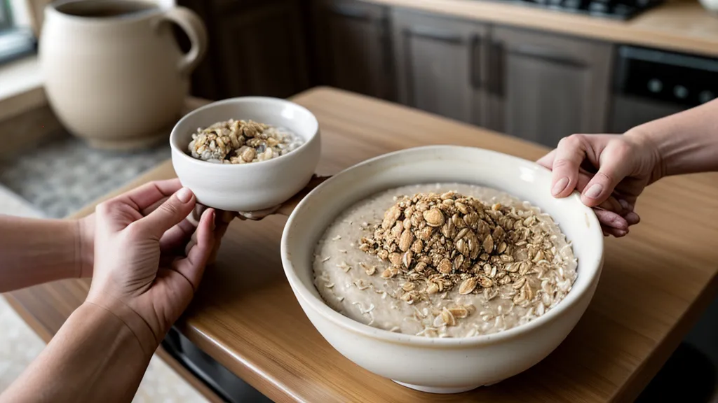A woman enjoying a low-glycemic steel-cut oatmeal breakfast before a workday managing prediabetes