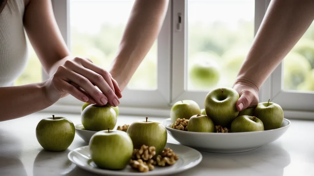 Sliced Granny Smith apple with walnuts, a low-GI fruit and protein pairing for a prediabetes diet