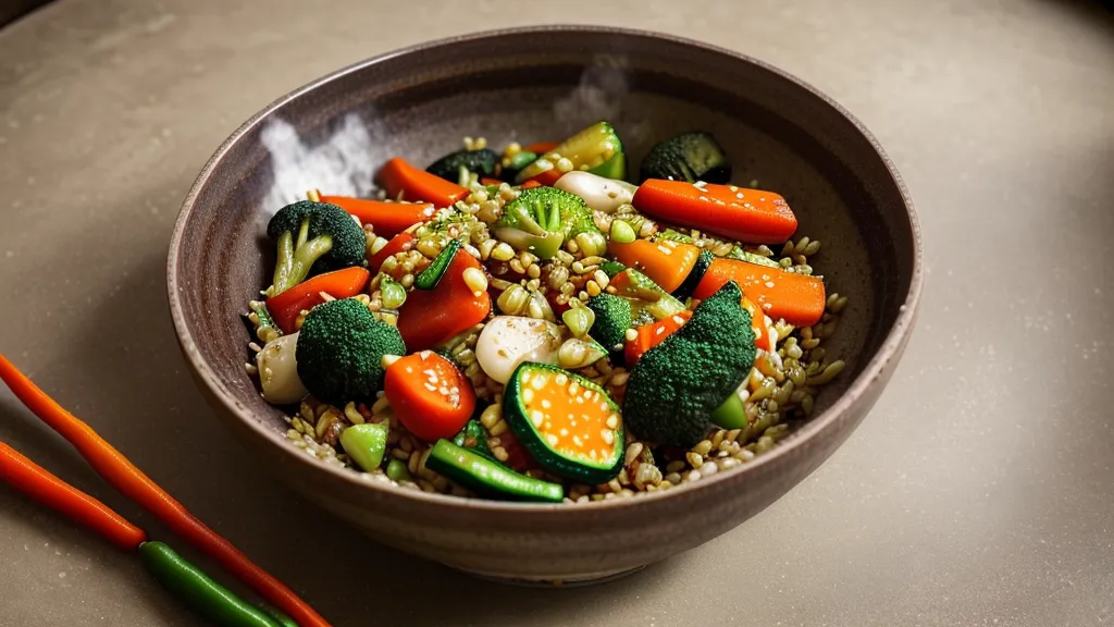 Finished low-glycemic vegetable stir-fry in a ceramic bowl, served without rice for better glucose management