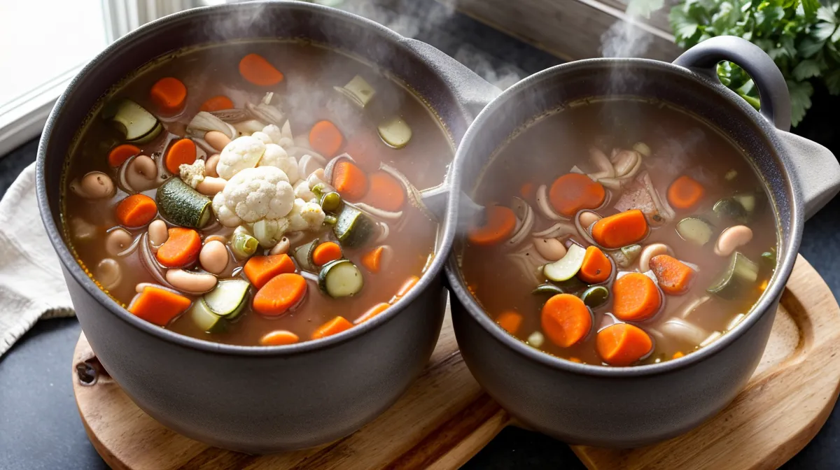 A pot of low-glycemic soup made without flour, part of a prediabetes diet focused on blood sugar management