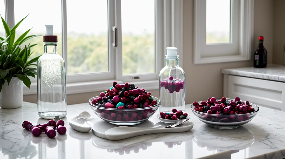 GlucoBerry bottle among blood sugar tools on a kitchen counter, supporting insulin levels as part of a low-GI lifestyle for prediabetes management