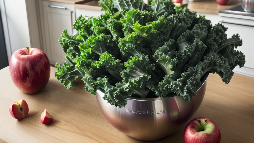 Whole kale and apple beside a blender, illustrating a low-GI cooking choice between blending and chopping