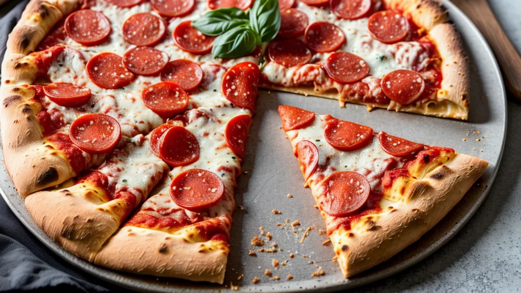 A crispy slice of pepperoni pizza made with a low glycemic crust for a prediabetes lifestyle