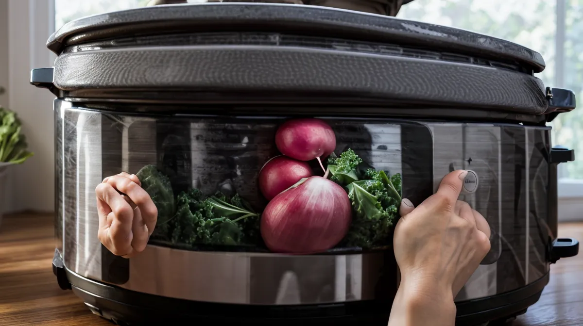 Low-glycemic slow cooker dinner with a tougher cut of meat and vegetables, a meal-prep option for a busy prediabetes-diet weeknight
