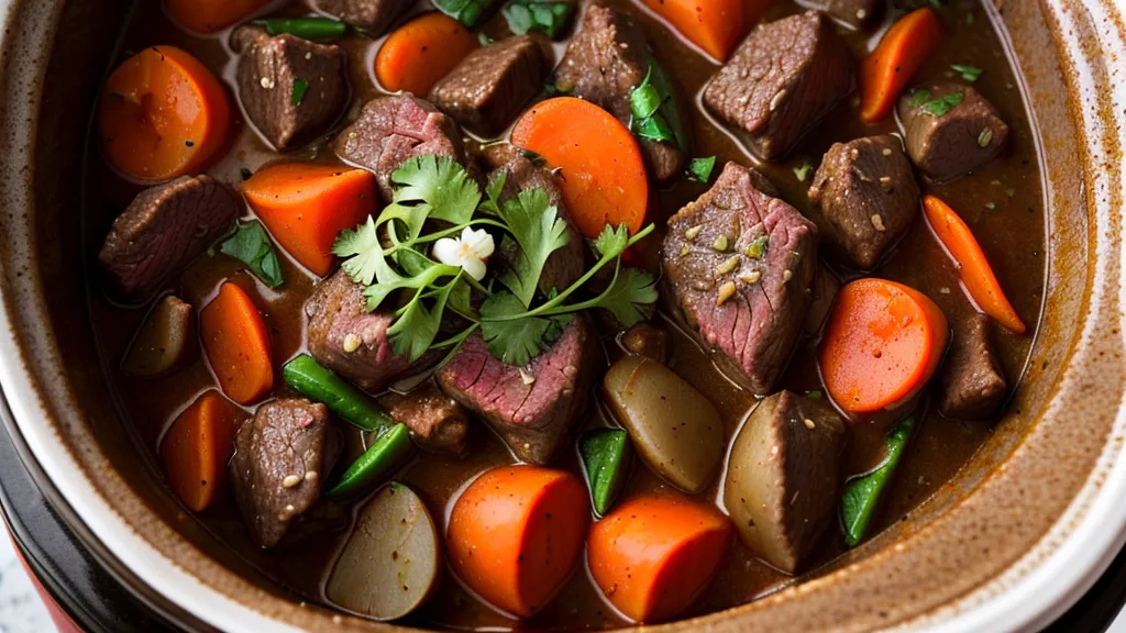 Top-down view of a low-glycemic slow cooker beef stew with radishes and kale, a metabolic-health-friendly weeknight dinner