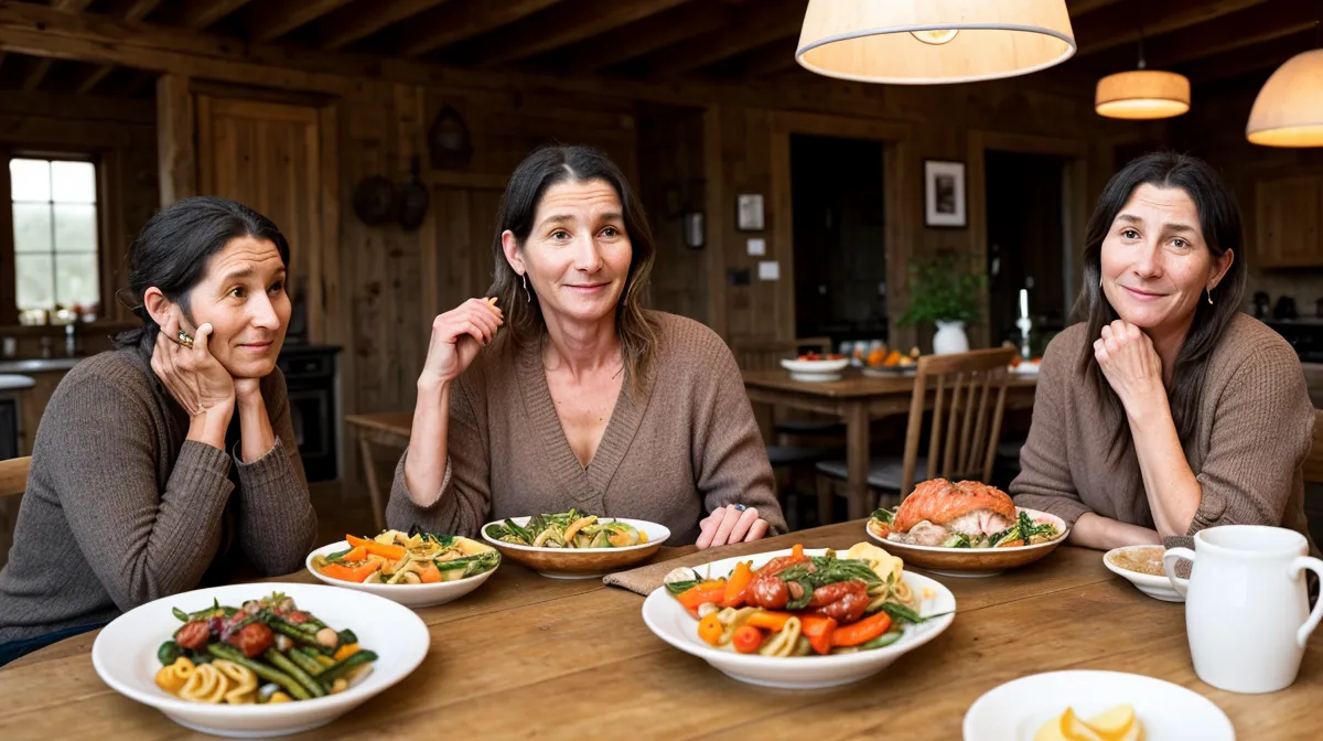 Low-glycemic dinner plate for a prediabetes lifestyle, cauliflower rice beside a partner's sourdough loaf on a shared table