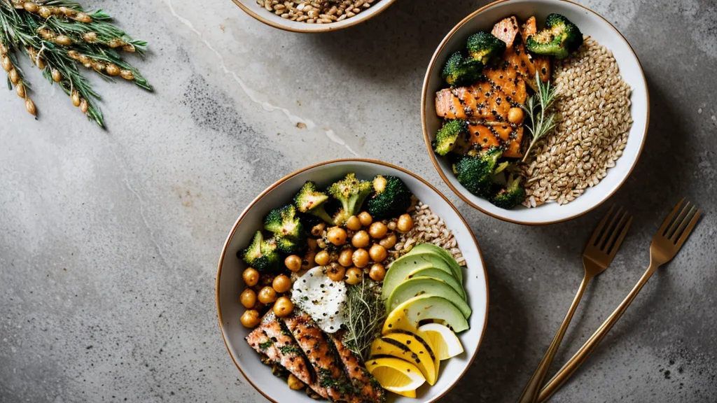 Mediterranean diet bowl with salmon, broccoli, and chickpeas arranged for better blood-sugar support