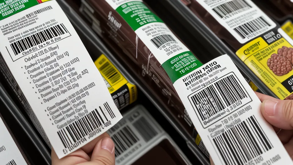 A person closely examining a nutrition label in a grocery store aisle.
