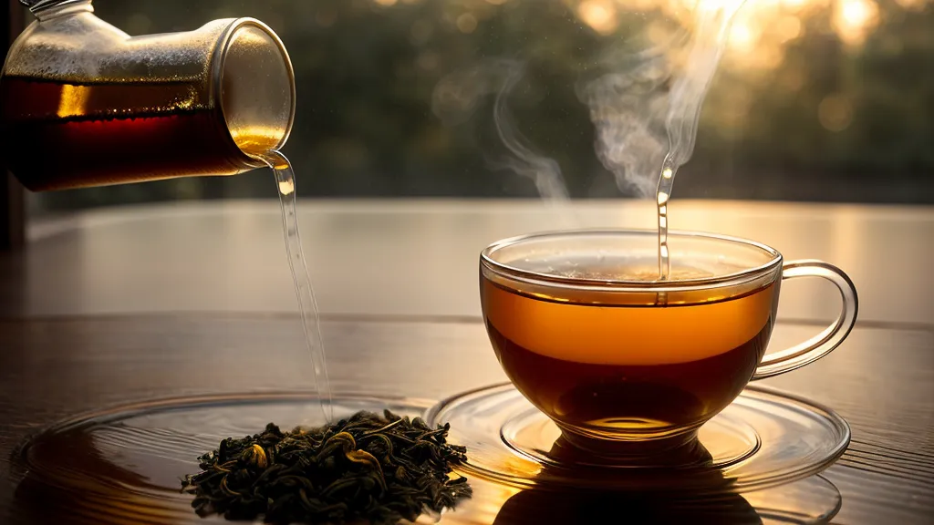 Liquid drops being added to a steaming mug of morning tea.