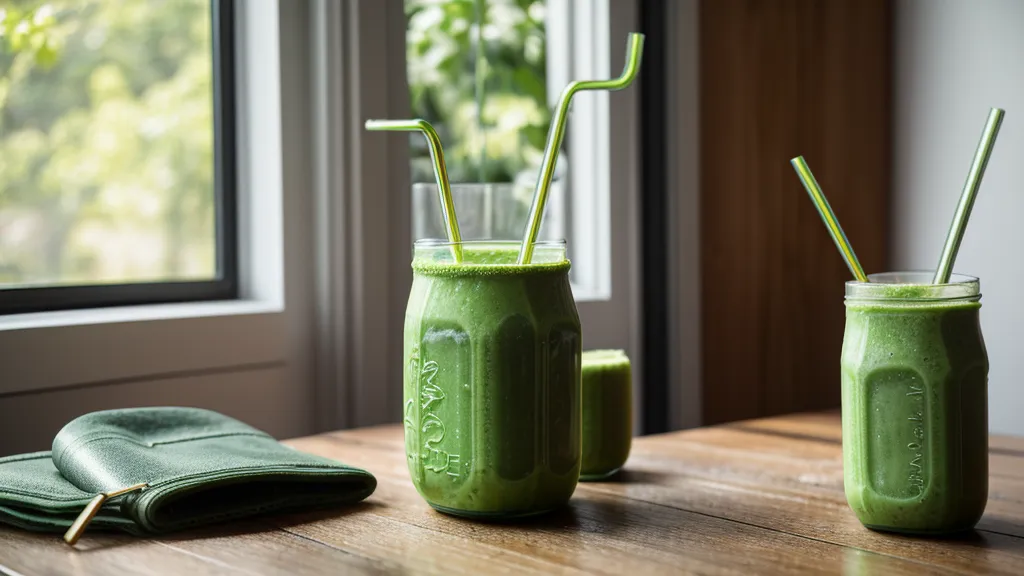 A healthy green smoothie sitting on an office desk next to a laptop.
