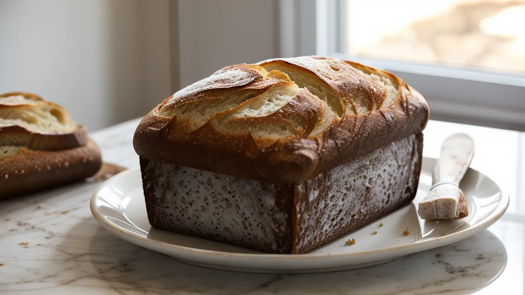 A close-up of a crusty white sourdough loaf on a kitchen counter.