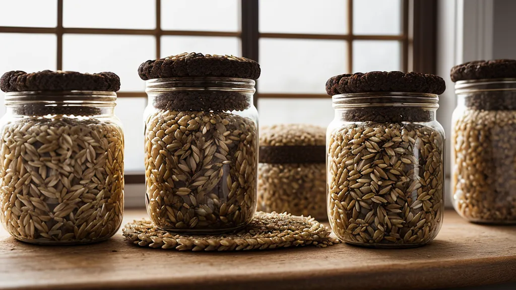 Glass jars of pearled barley and rye flour on a clean pantry shelf.