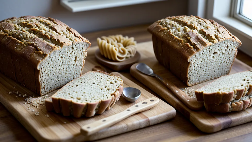 Whole grain breads and a glucose monitor on a kitchen counter, a low-GI cooking check for prediabetes management.