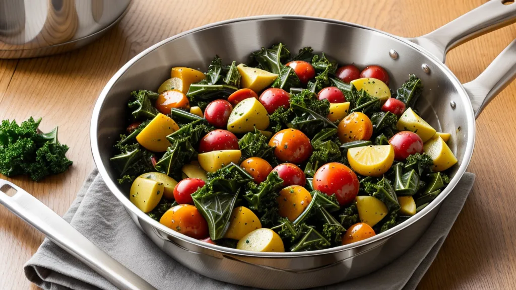 Steaming kale and vegetables cooking in a stainless steel pan for low-GI cooking.